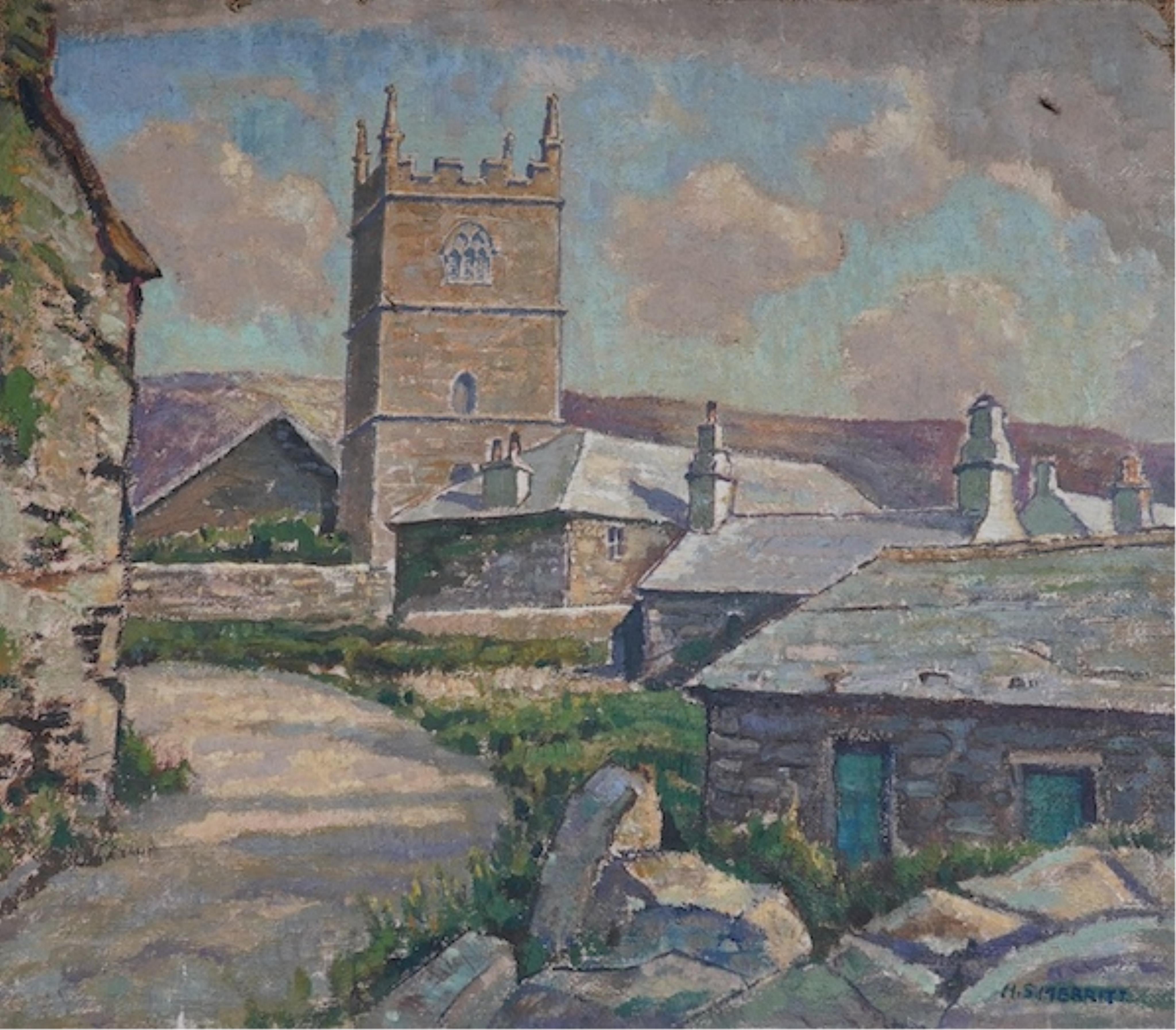 H. S. Merritt, oil on canvas, church scene, 35.5 x 41cm. Condition - poor to fair